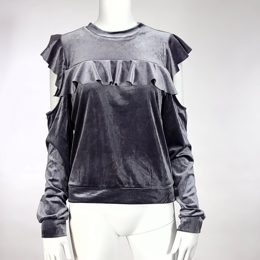 Romeo‎ + Juliet Couture Velvet Cold Shoulder Ruffle Top Charcoal Grey Medium NWT